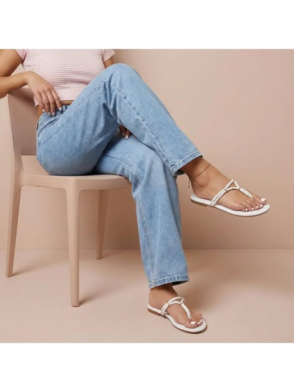 Women's Ivory Comfortable Trio Flip Flops with Braided Thong Strap Sandals